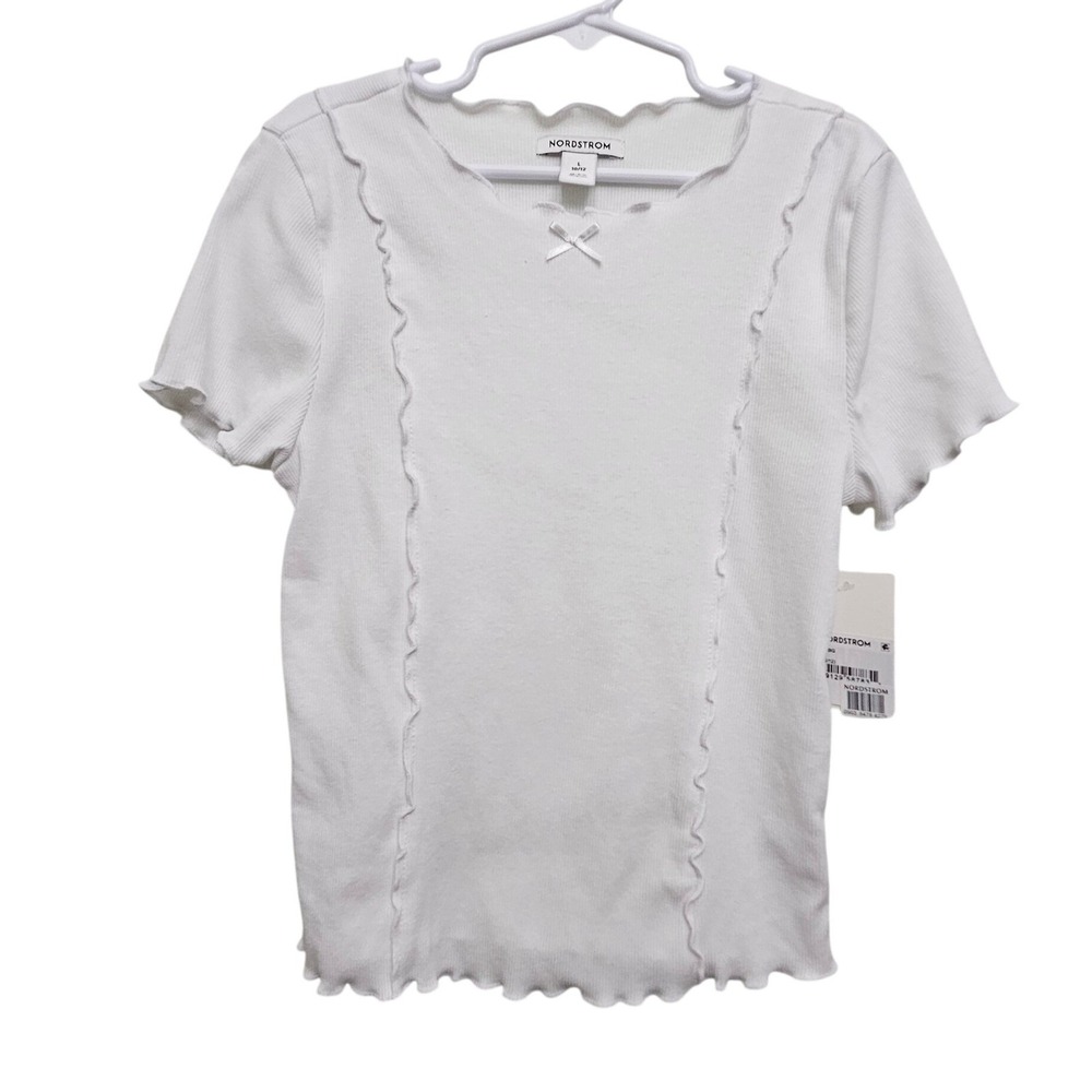 Nordstrom Ribbed Lettuce Trim Tee Girls L White Bow Front Short Sleeve Casual